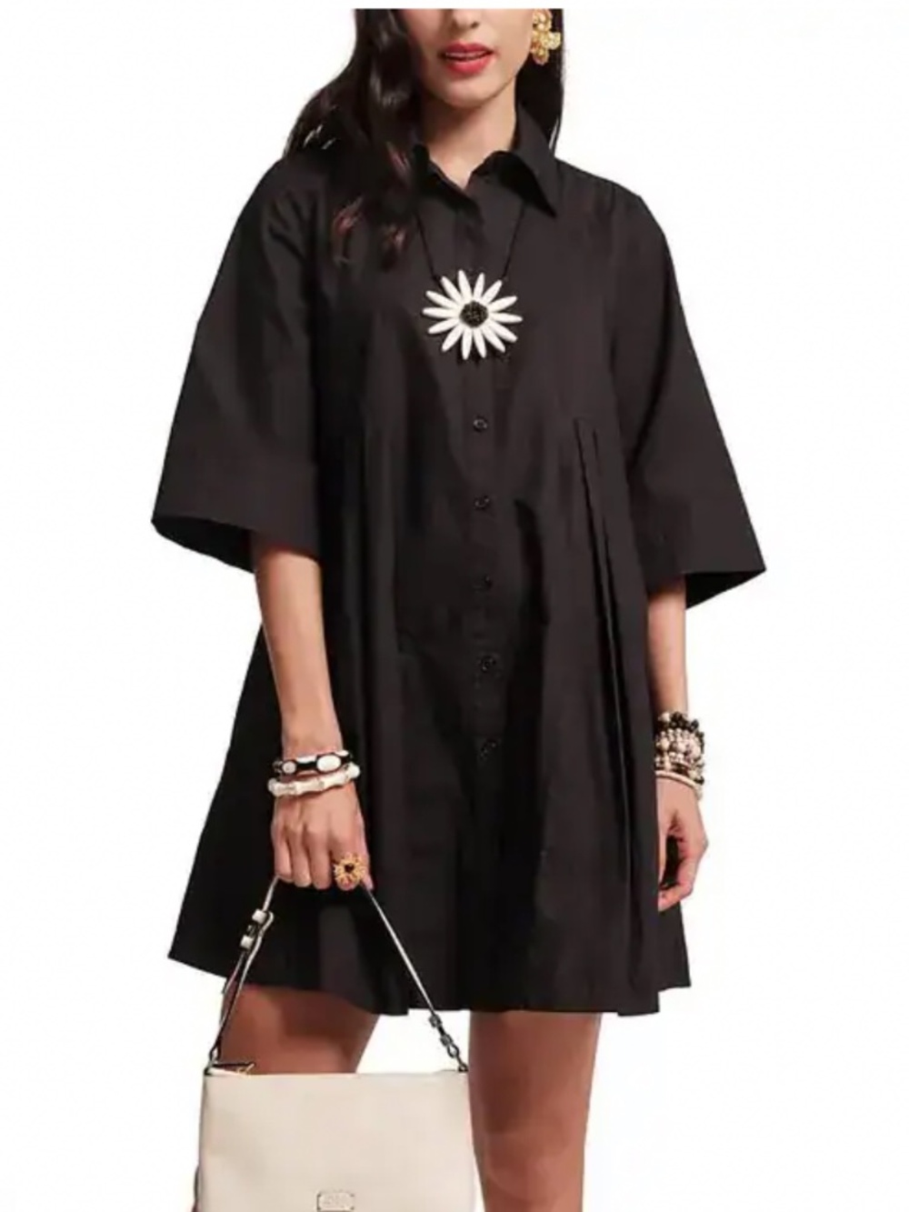 NWOT, FRANCES VALENTINE, ISLA PLEATED MINI DRESS IN BLACK COTTON POPLIN